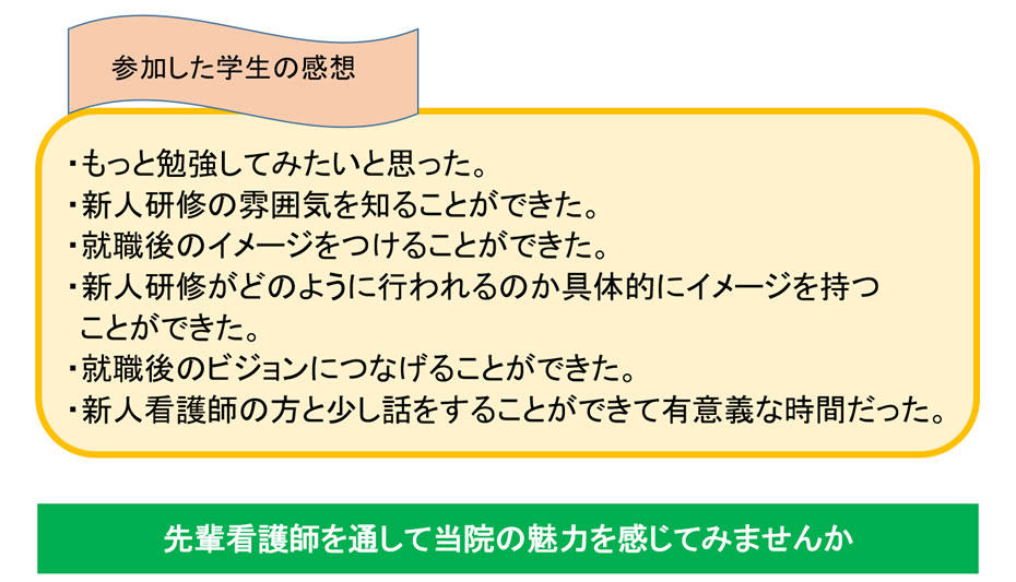 参加した学生の感想｜・もっと勉強してみたいと思った。・新人研修の雰囲気を知ることができた。・就職後のイメージをつけることができた。・新人研修がどのように行われるのか具体的にイメージを持つ  ことができた。・就職後のビジョンにつなげることができた。・新人看護師の方と少し話をすることができて有意義な時間だった。先輩看護師を通して当院の魅力を感じてみませんか