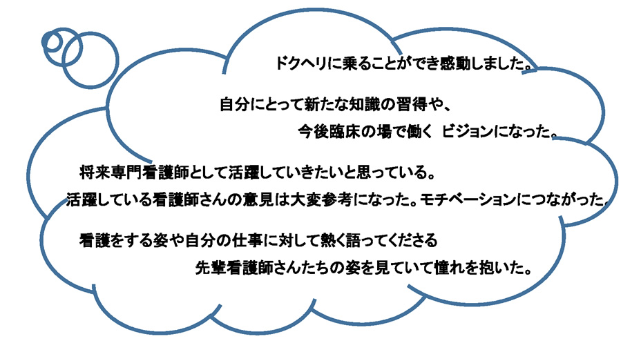 ドクヘリに乗ることができ感動しました。自分にとって新たな知識の習得や、今後臨床の場で働く　ビジョンになった。将来専門看護師として活躍していきたいと思っている。活躍している看護師さんの意見は大変参考になった。モチベーションにつながった。看護をする姿や自分の仕事に対して熱く語ってくださる先輩看護師さんたちの姿を見ていて憧れを抱いた。