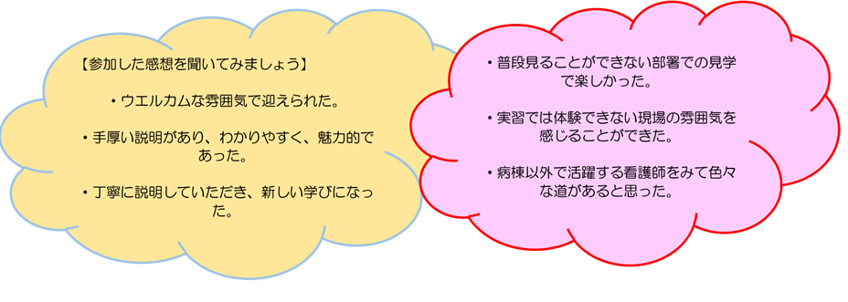 【参加した感想を聞いてみましょう】・ウエルカムな雰囲気で迎えられた。・手厚い説明があり、わかりやすく、魅力的であった。・丁寧に説明していただき、新しい学びになった。