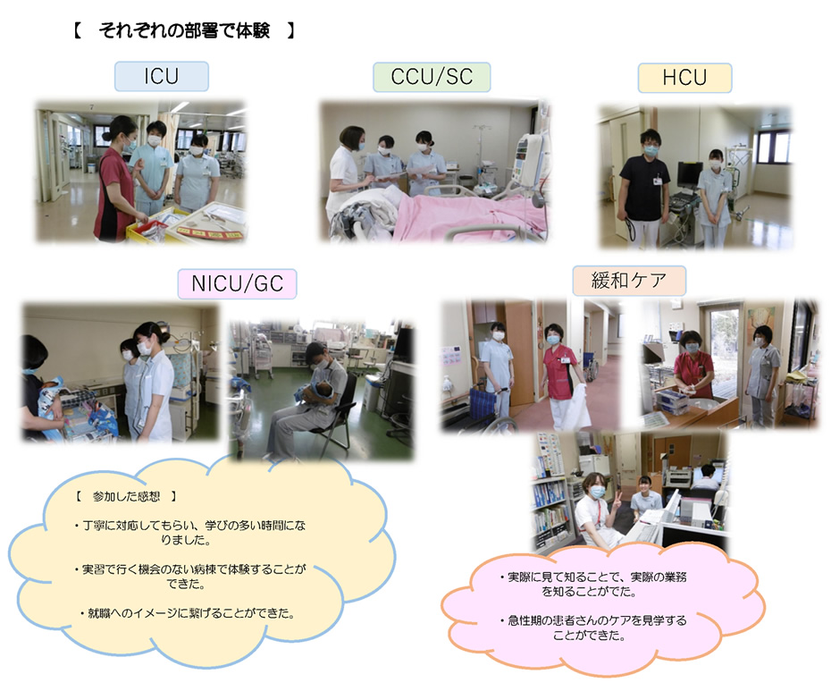 【　それぞれの部署で体験　】【　参加した感想　】・丁寧に対応してもらい、学びの多い時間になりました。・実習で行く機会のない病棟で体験することができた。・就職へのイメージに繋げることができた。・実際に見て知ることで、実際の業務を知ることがでた。・急性期の患者さんのケアを見学することができた。